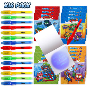 SuperZings Pack 16 sets ideal para hacer un regalo original a los invitados. Contiene 4 libretas en 4 colores y 4 bolígrafos de luz ultravioleta en 4 colores distintos. Tematizadas con los ultra raro, Enigma, Profesor K, Mr. King y Kid Kazoom. Superzings serie 1 2 3 y 4