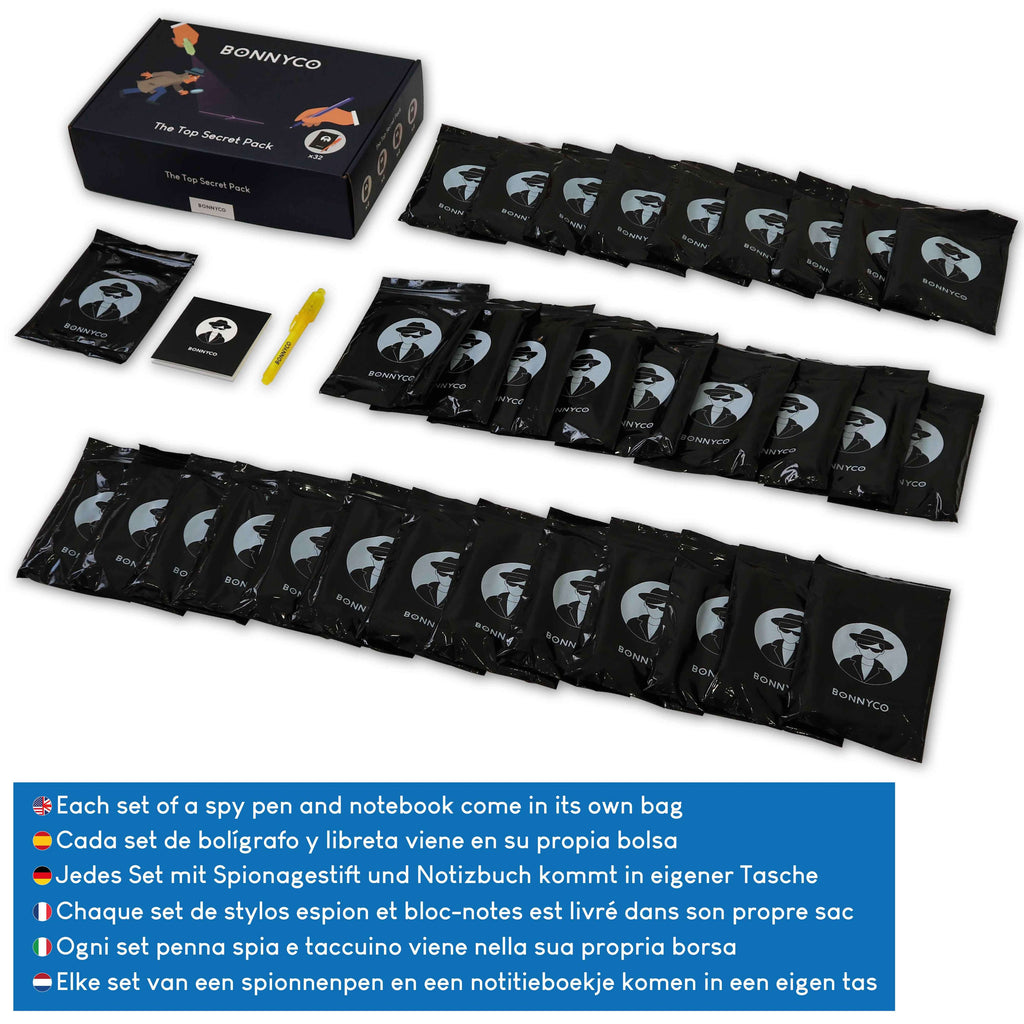 Top Secret Pack contiene 32 Set individuales para cada niño. Todo va en una caja con diseño especial de BONNYCO. Conviertete en un espía jugando con Top Secret Pack